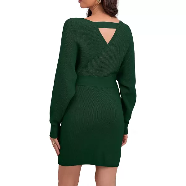 GRECERELLE Women's V Neck Batwing Long Sleeve Sexy Backless Wrap Bodycon Cocktail Pullover Sweater Mini Dress with Belt