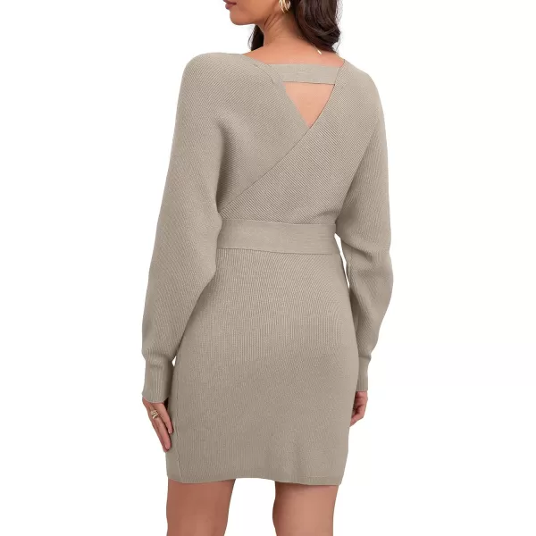 GRECERELLE Women's V Neck Batwing Long Sleeve Sexy Backless Wrap Bodycon Cocktail Pullover Sweater Mini Dress with Belt