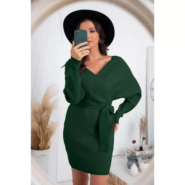 GRECERELLE Women's V Neck Batwing Long Sleeve Sexy Backless Wrap Bodycon Cocktail Pullover Sweater Mini Dress with Belt