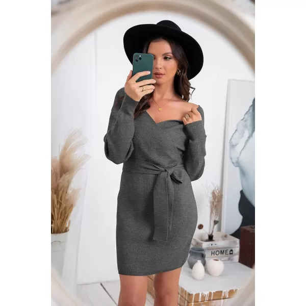 GRECERELLE Women's V Neck Batwing Long Sleeve Sexy Backless Wrap Bodycon Cocktail Pullover Sweater Mini Dress with Belt