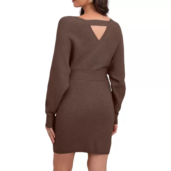 GRECERELLE Women's V Neck Batwing Long Sleeve Sexy Backless Wrap Bodycon Cocktail Pullover Sweater Mini Dress with Belt