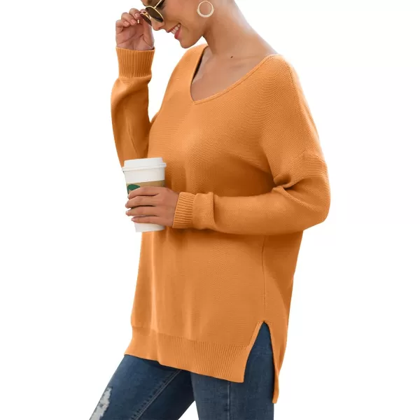 GRECERELLE Women's V-Neck Long Sleeve Side Split Loose Casual Knit Pullover Sweater Blouse