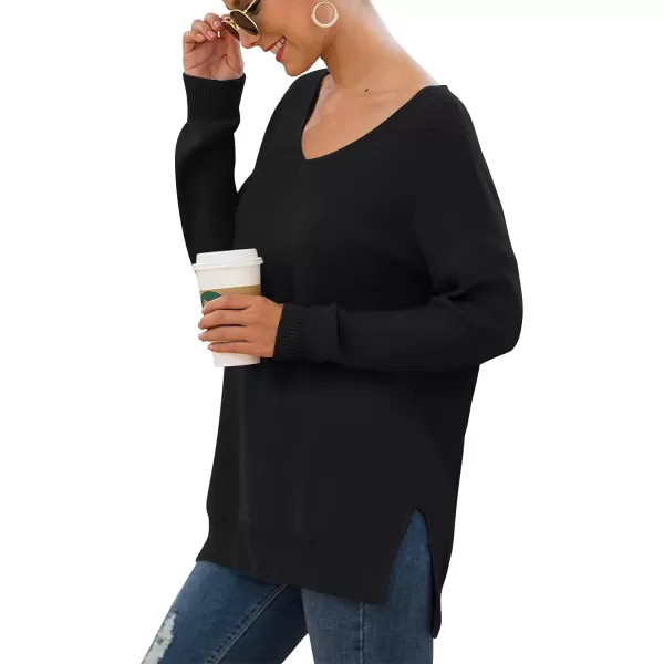 GRECERELLE Women's V-Neck Long Sleeve Side Split Loose Casual Knit Pullover Sweater Blouse