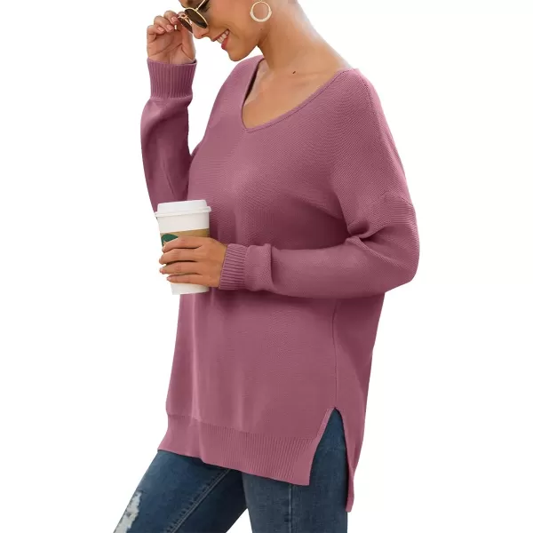 GRECERELLE Women's V-Neck Long Sleeve Side Split Loose Casual Knit Pullover Sweater Blouse