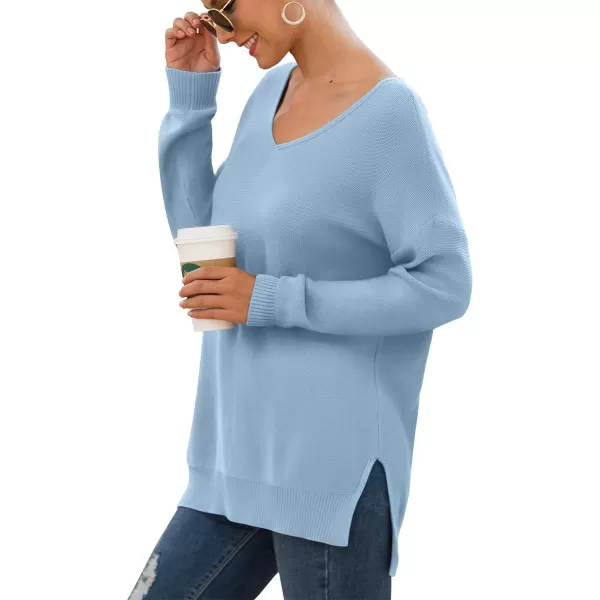 GRECERELLE Women's V-Neck Long Sleeve Side Split Loose Casual Knit Pullover Sweater Blouse