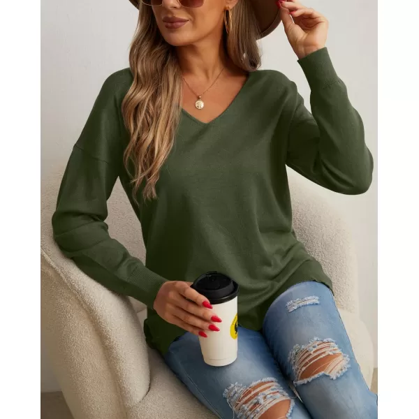 GRECERELLE Women's V-Neck Long Sleeve Side Split Loose Casual Knit Pullover Sweater Blouse
