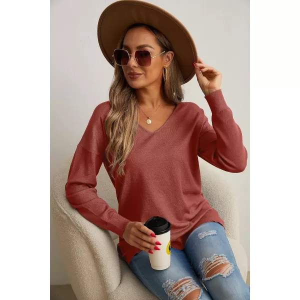 GRECERELLE Women's V-Neck Long Sleeve Side Split Loose Casual Knit Pullover Sweater Blouse