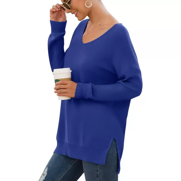 GRECERELLE Women's V-Neck Long Sleeve Side Split Loose Casual Knit Pullover Sweater Blouse