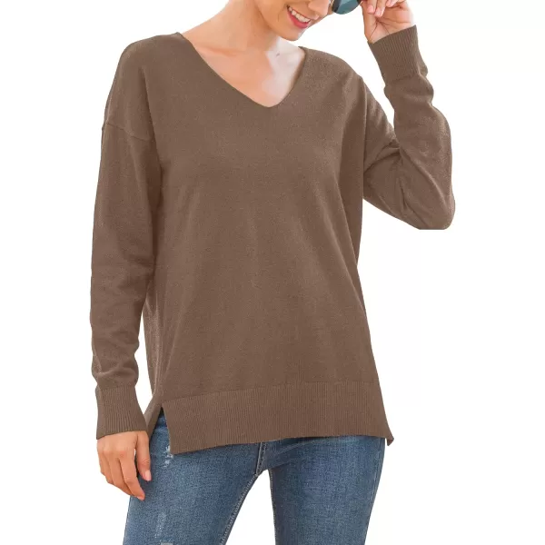 GRECERELLE Women's V-Neck Long Sleeve Side Split Loose Casual Knit Pullover Sweater Blouse