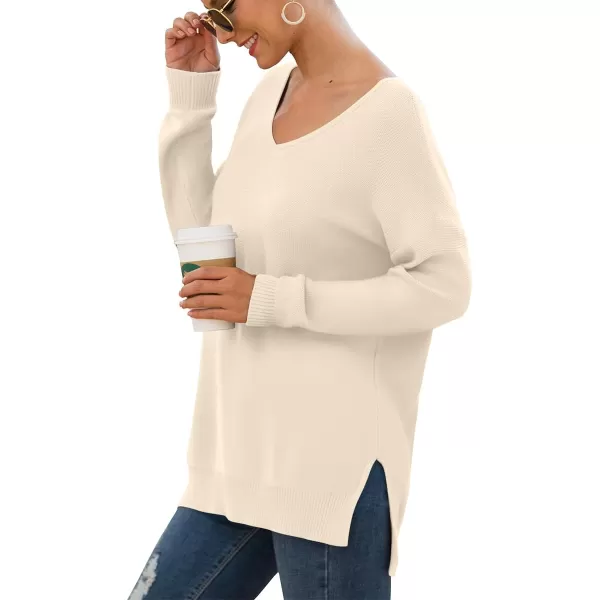 GRECERELLE Women's V-Neck Long Sleeve Side Split Loose Casual Knit Pullover Sweater Blouse