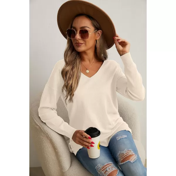 GRECERELLE Women's V-Neck Long Sleeve Side Split Loose Casual Knit Pullover Sweater Blouse