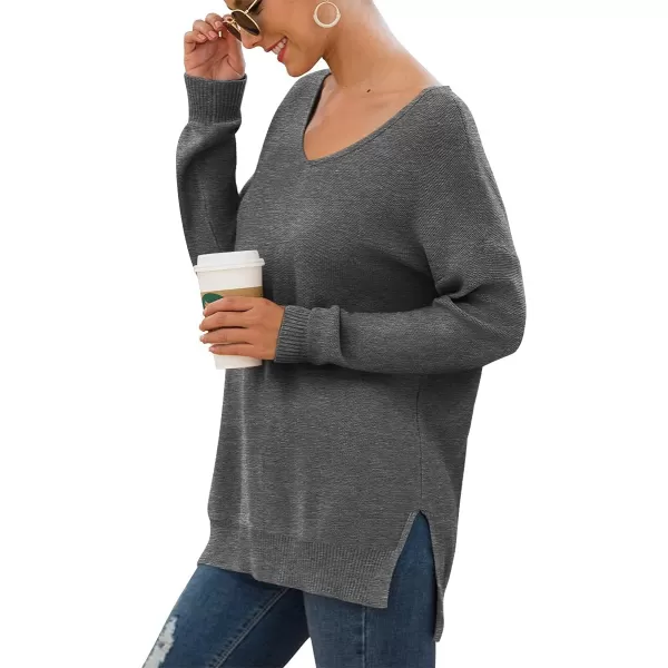 GRECERELLE Women's V-Neck Long Sleeve Side Split Loose Casual Knit Pullover Sweater Blouse
