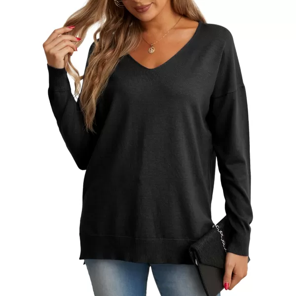 GRECERELLE Women's V-Neck Long Sleeve Side Split Loose Casual Knit Pullover Sweater Blouse