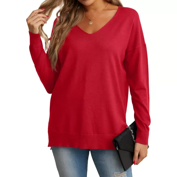 GRECERELLE Women's V-Neck Long Sleeve Side Split Loose Casual Knit Pullover Sweater Blouse