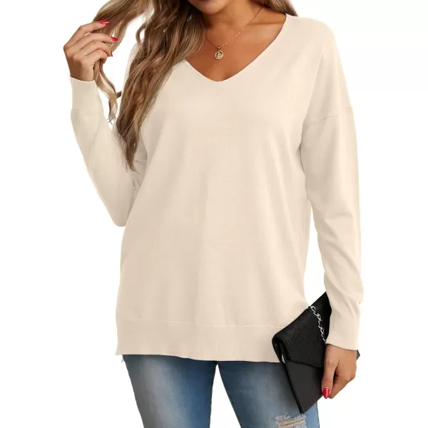 GRECERELLE Women's V-Neck Long Sleeve Side Split Loose Casual Knit Pullover Sweater Blouse