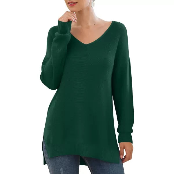 GRECERELLE Women's V-Neck Long Sleeve Side Split Loose Casual Knit Pullover Sweater Blouse