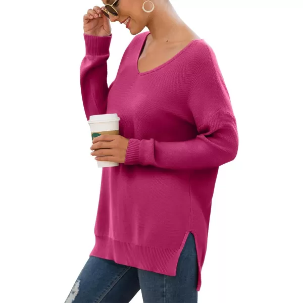 GRECERELLE Women's V-Neck Long Sleeve Side Split Loose Casual Knit Pullover Sweater Blouse