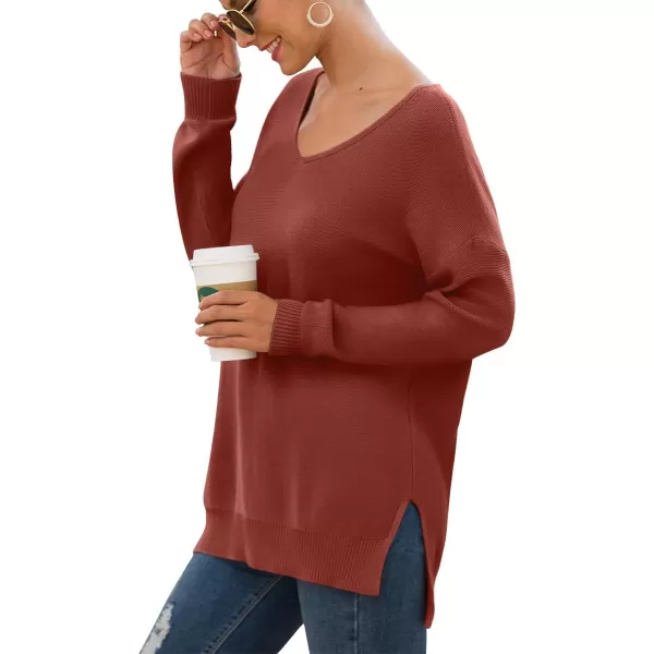 GRECERELLE Women's V-Neck Long Sleeve Side Split Loose Casual Knit Pullover Sweater Blouse