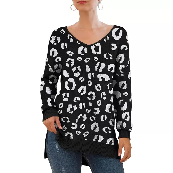 GRECERELLE Women's V-Neck Long Sleeve Side Split Loose Casual Knit Pullover Sweater Blouse