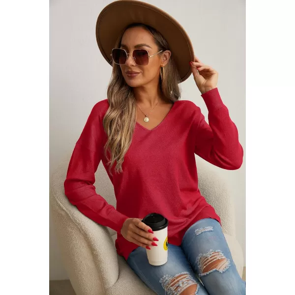 GRECERELLE Women's V-Neck Long Sleeve Side Split Loose Casual Knit Pullover Sweater Blouse