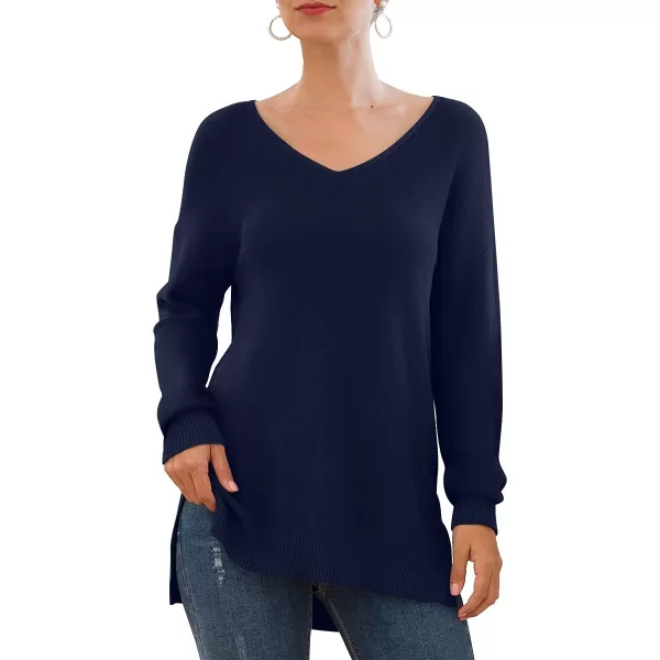 GRECERELLE Women's V-Neck Long Sleeve Side Split Loose Casual Knit Pullover Sweater Blouse