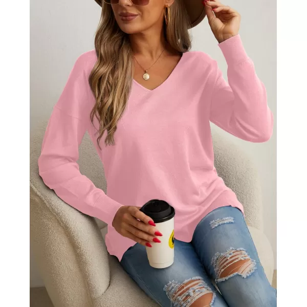 GRECERELLE Women's V-Neck Long Sleeve Side Split Loose Casual Knit Pullover Sweater Blouse