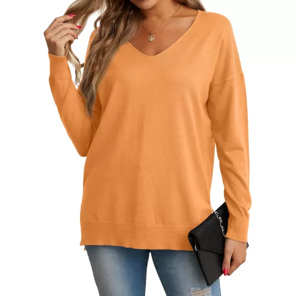 GRECERELLE Women's V-Neck Long Sleeve Side Split Loose Casual Knit Pullover Sweater Blouse