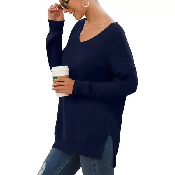 GRECERELLE Women's V-Neck Long Sleeve Side Split Loose Casual Knit Pullover Sweater Blouse