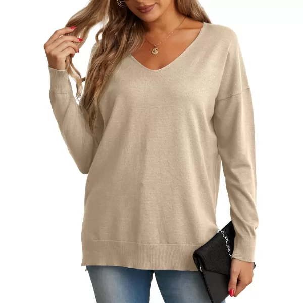 GRECERELLE Women's V-Neck Long Sleeve Side Split Loose Casual Knit Pullover Sweater Blouse