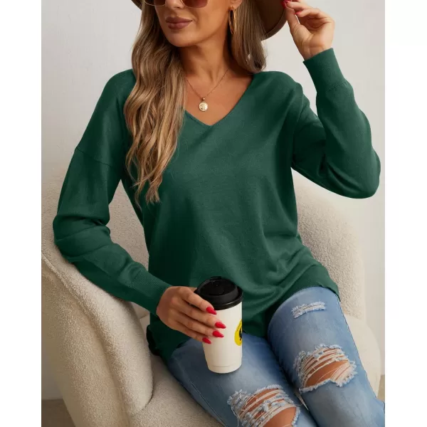 GRECERELLE Women's V-Neck Long Sleeve Side Split Loose Casual Knit Pullover Sweater Blouse