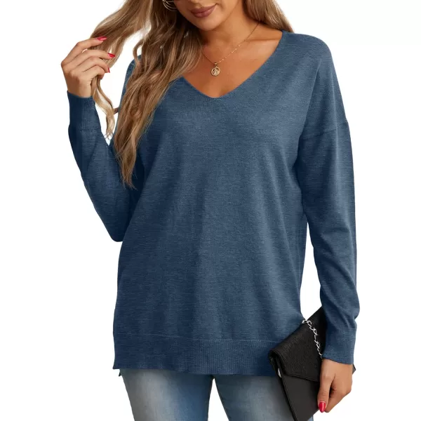GRECERELLE Women's V-Neck Long Sleeve Side Split Loose Casual Knit Pullover Sweater Blouse