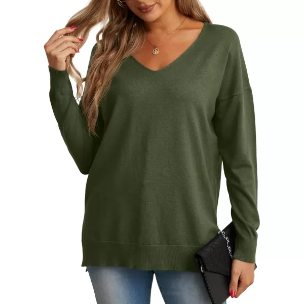 GRECERELLE Women's V-Neck Long Sleeve Side Split Loose Casual Knit Pullover Sweater Blouse