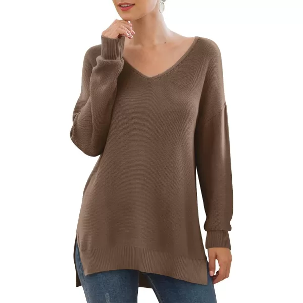 GRECERELLE Women's V-Neck Long Sleeve Side Split Loose Casual Knit Pullover Sweater Blouse