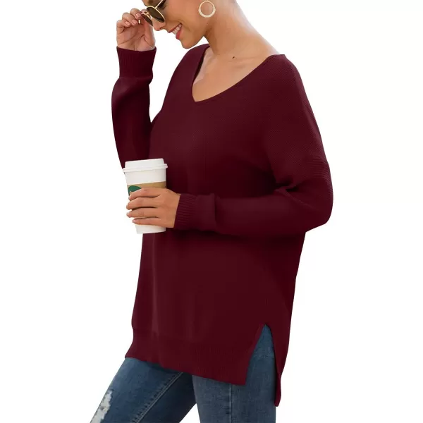 GRECERELLE Women's V-Neck Long Sleeve Side Split Loose Casual Knit Pullover Sweater Blouse