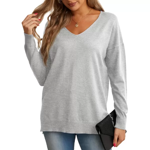 GRECERELLE Women's V-Neck Long Sleeve Side Split Loose Casual Knit Pullover Sweater Blouse