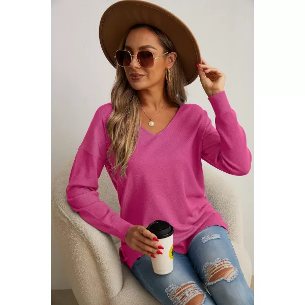 GRECERELLE Women's V-Neck Long Sleeve Side Split Loose Casual Knit Pullover Sweater Blouse