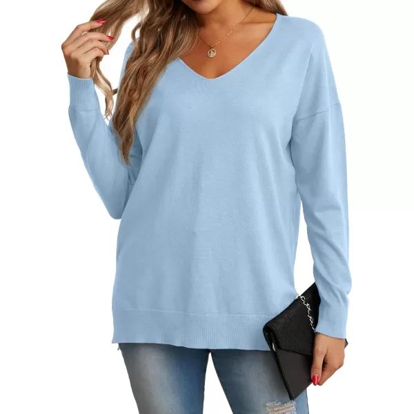 GRECERELLE Women's V-Neck Long Sleeve Side Split Loose Casual Knit Pullover Sweater Blouse