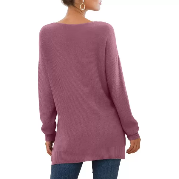 GRECERELLE Women's V-Neck Long Sleeve Side Split Loose Casual Knit Pullover Sweater Blouse