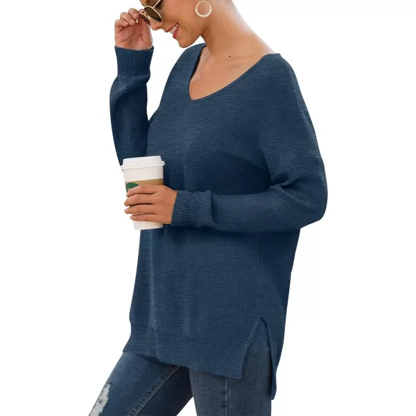 GRECERELLE Women's V-Neck Long Sleeve Side Split Loose Casual Knit Pullover Sweater Blouse