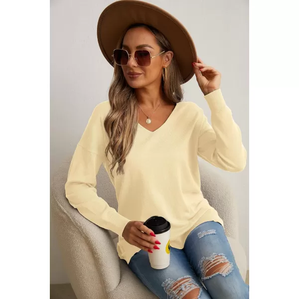 GRECERELLE Women's V-Neck Long Sleeve Side Split Loose Casual Knit Pullover Sweater Blouse