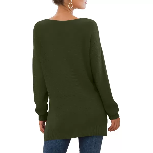 GRECERELLE Women's V-Neck Long Sleeve Side Split Loose Casual Knit Pullover Sweater Blouse