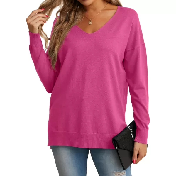 GRECERELLE Women's V-Neck Long Sleeve Side Split Loose Casual Knit Pullover Sweater Blouse