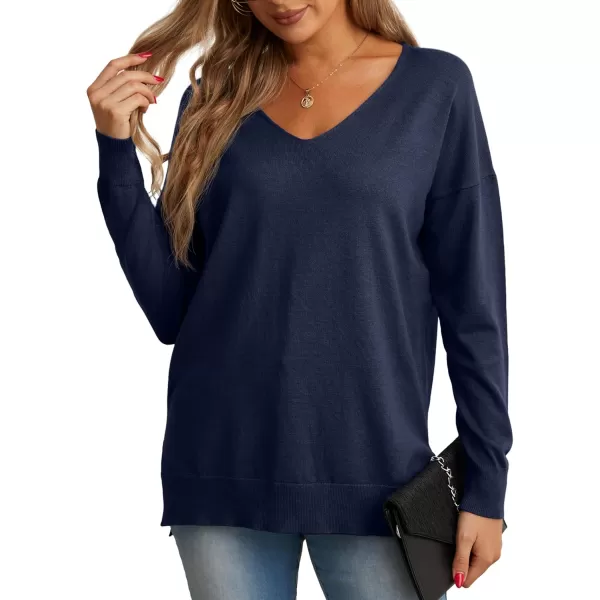 GRECERELLE Women's V-Neck Long Sleeve Side Split Loose Casual Knit Pullover Sweater Blouse