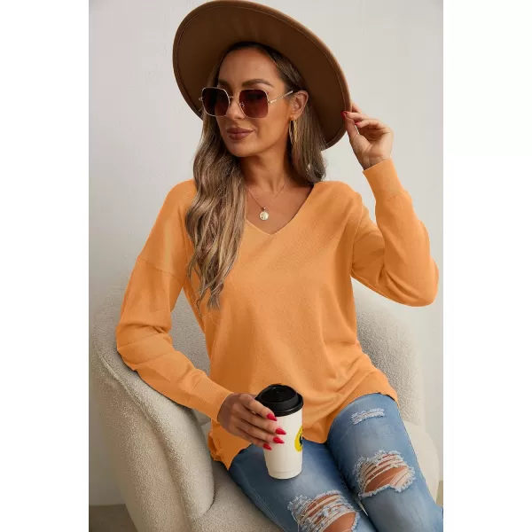 GRECERELLE Women's V-Neck Long Sleeve Side Split Loose Casual Knit Pullover Sweater Blouse