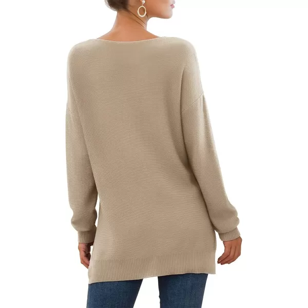 GRECERELLE Women's V-Neck Long Sleeve Side Split Loose Casual Knit Pullover Sweater Blouse