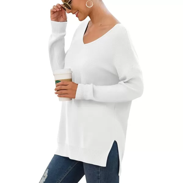 GRECERELLE Women's V-Neck Long Sleeve Side Split Loose Casual Knit Pullover Sweater Blouse