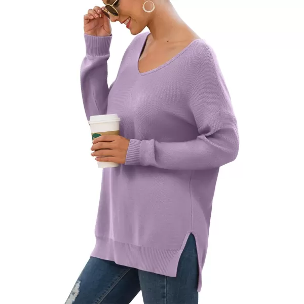 GRECERELLE Women's V-Neck Long Sleeve Side Split Loose Casual Knit Pullover Sweater Blouse