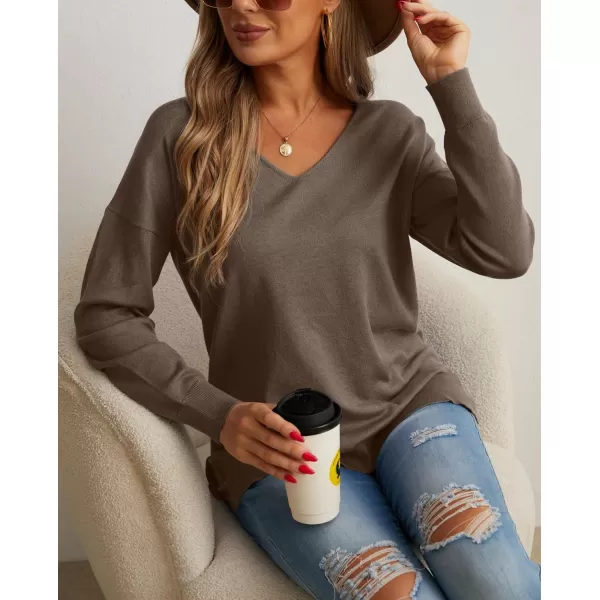 GRECERELLE Women's V-Neck Long Sleeve Side Split Loose Casual Knit Pullover Sweater Blouse