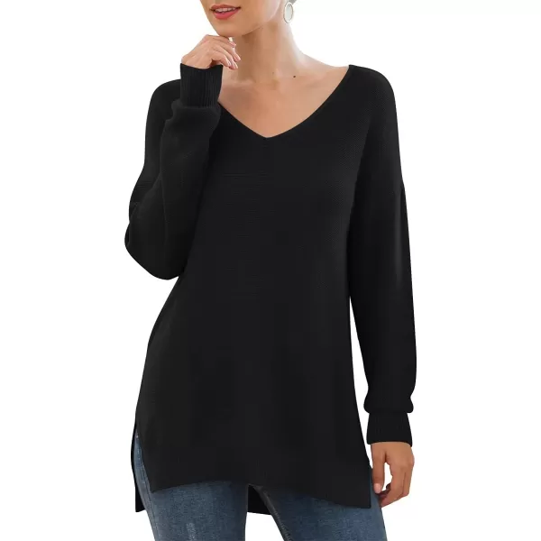 GRECERELLE Women's V-Neck Long Sleeve Side Split Loose Casual Knit Pullover Sweater Blouse