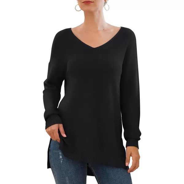 GRECERELLE Women's V-Neck Long Sleeve Side Split Loose Casual Knit Pullover Sweater Blouse